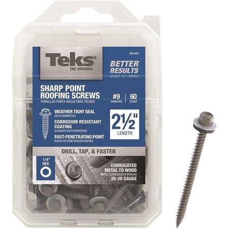 Tek #9 x 2-1/2 in. External Hex Washer Head Sharp Point Roofing Screws with Washer, 60PK 21407